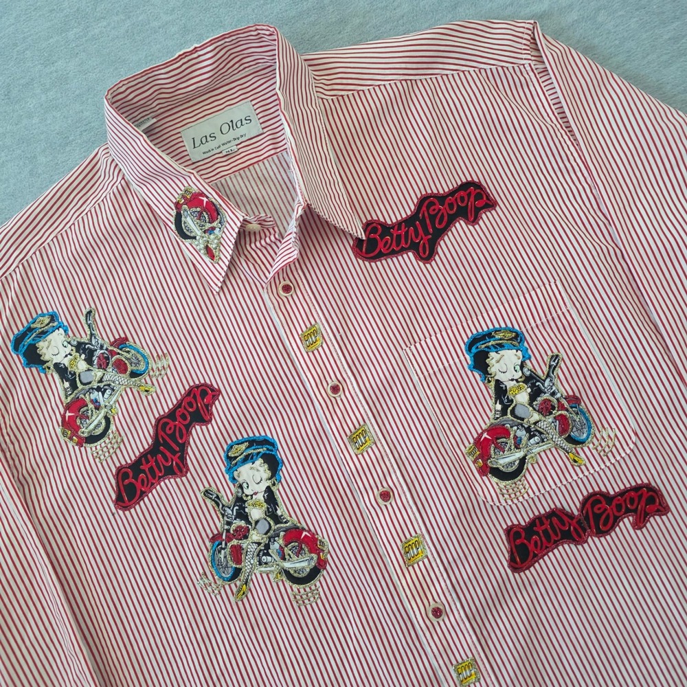 Las Olas Betty Boop Biker Striped Button Down Shirt Mens XL Red White Vintage